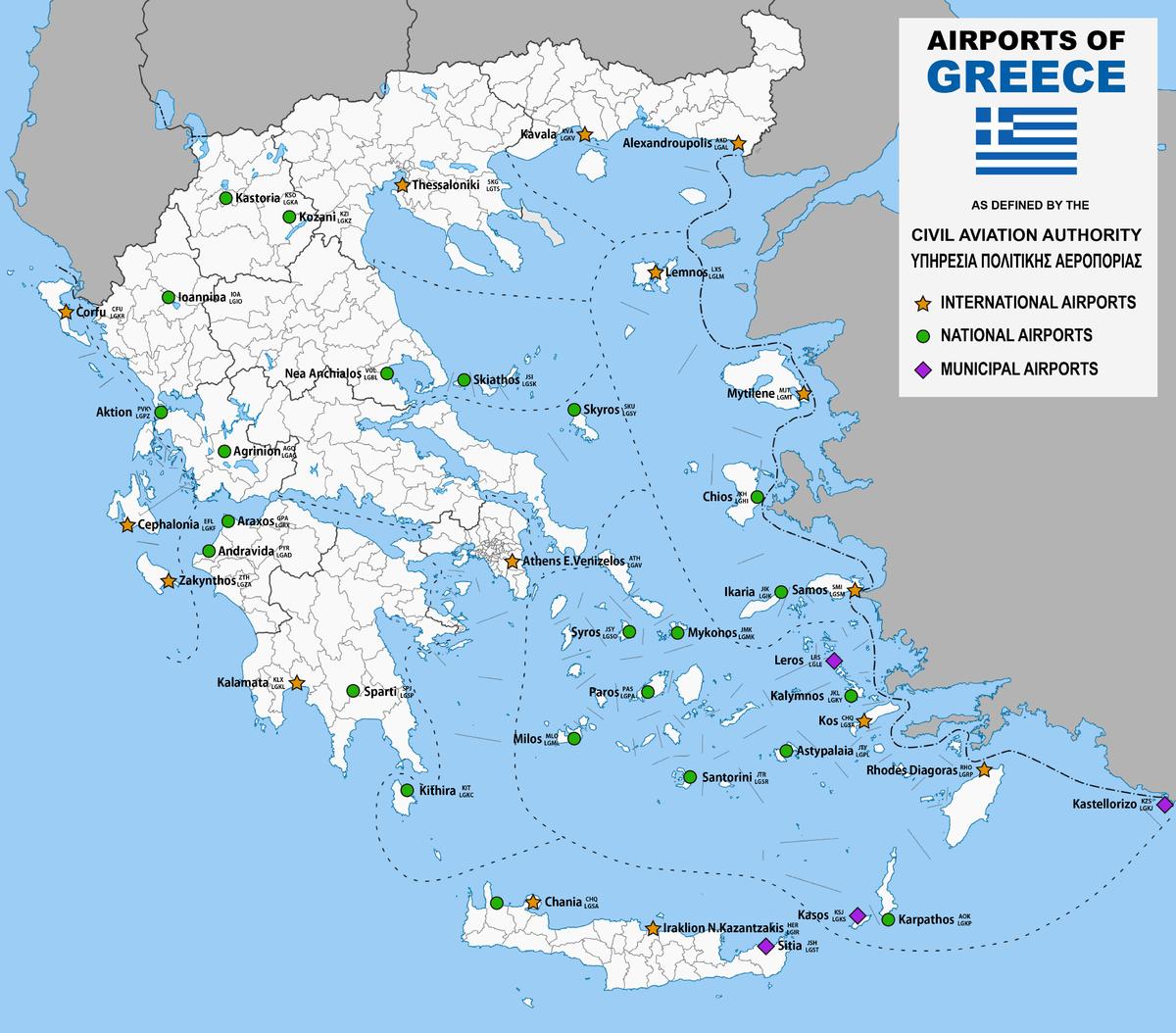Flygplatser i Grekland karta - Karta över flygplatser i Grekland (Södra