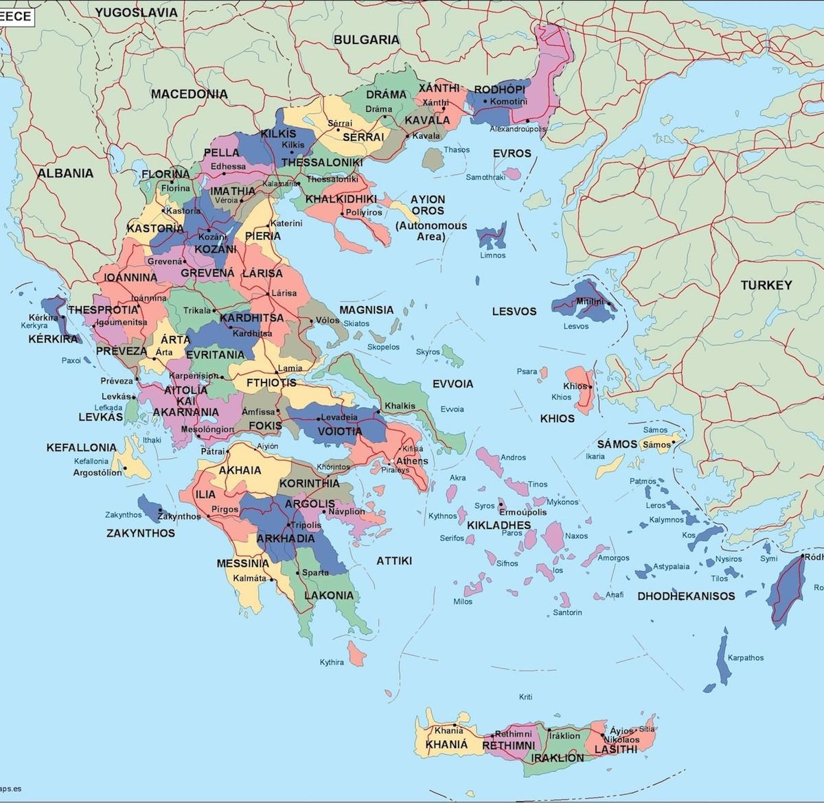 Grekland politiska kartan - Politisk karta i Grekland (Södra Europa