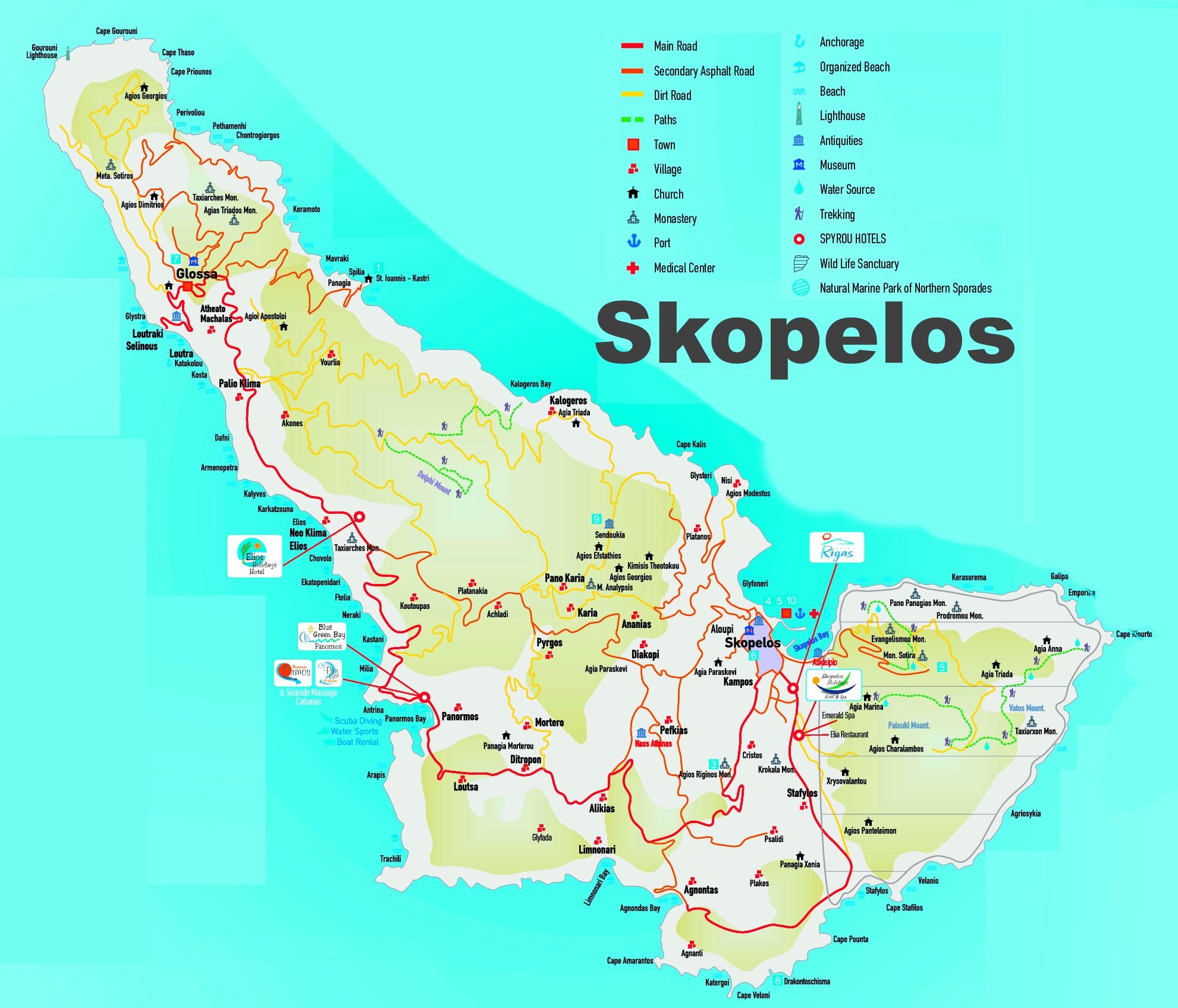 Skopelos-Grekland karta - Skopelos karta grekiska öarna (Södra Europa